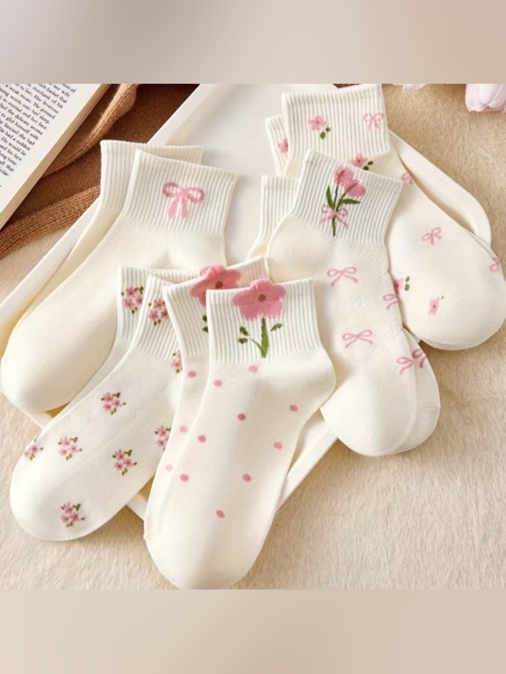 New 5 Pairs Floral Butterfly Print Ankle Socks White & Pink Ribbed Elastic Cuff